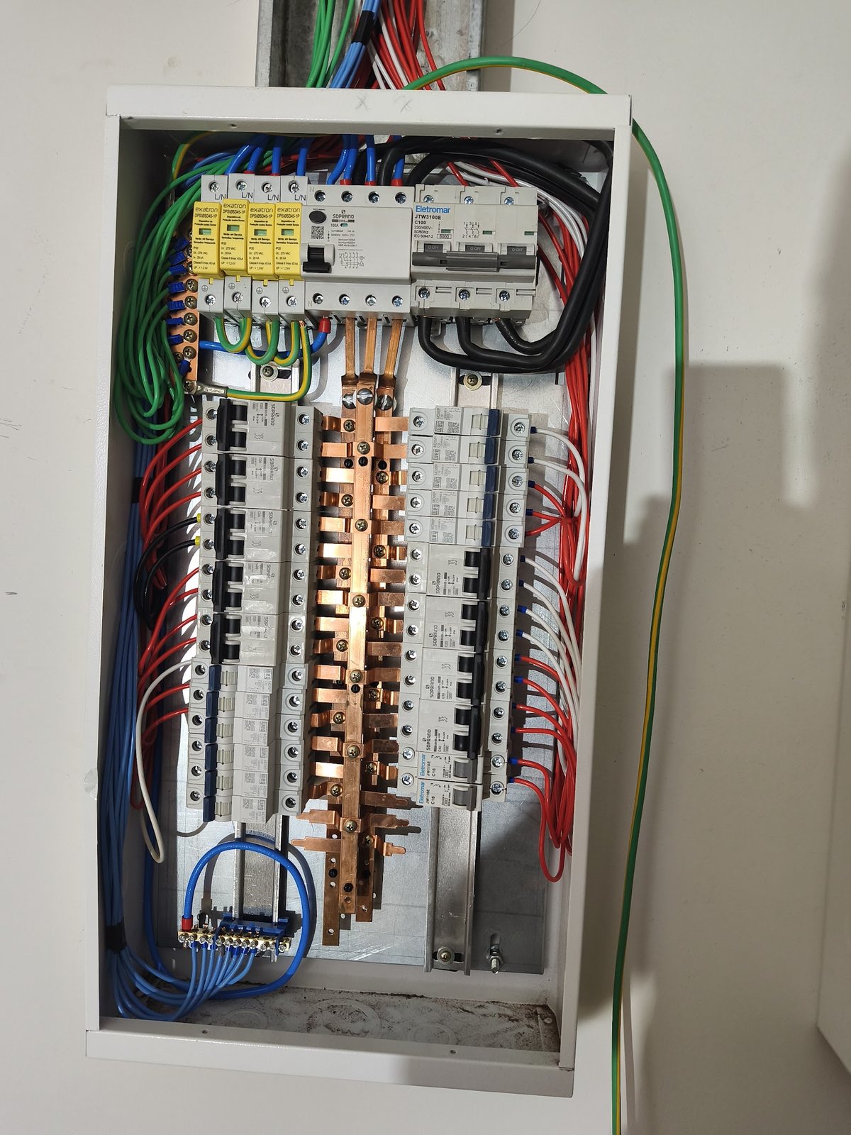 Quadro de distribuição montado com fiação organizada